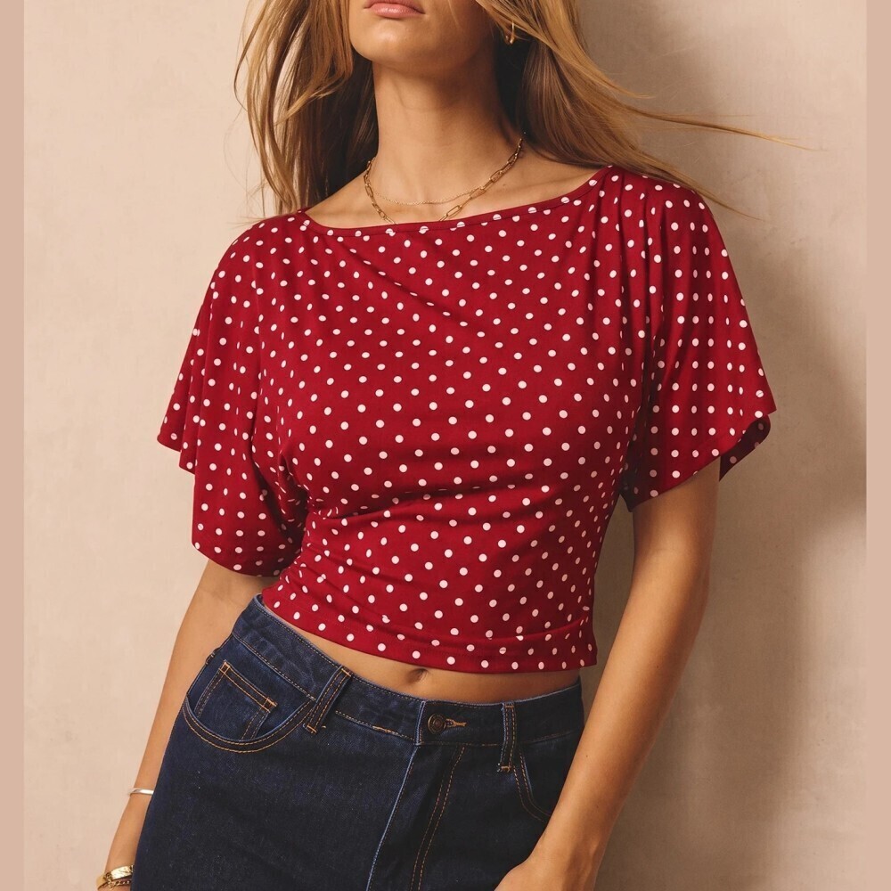Red Polka Dot Boat Neck Flutter Sleeve Cropped Knit Top Tee